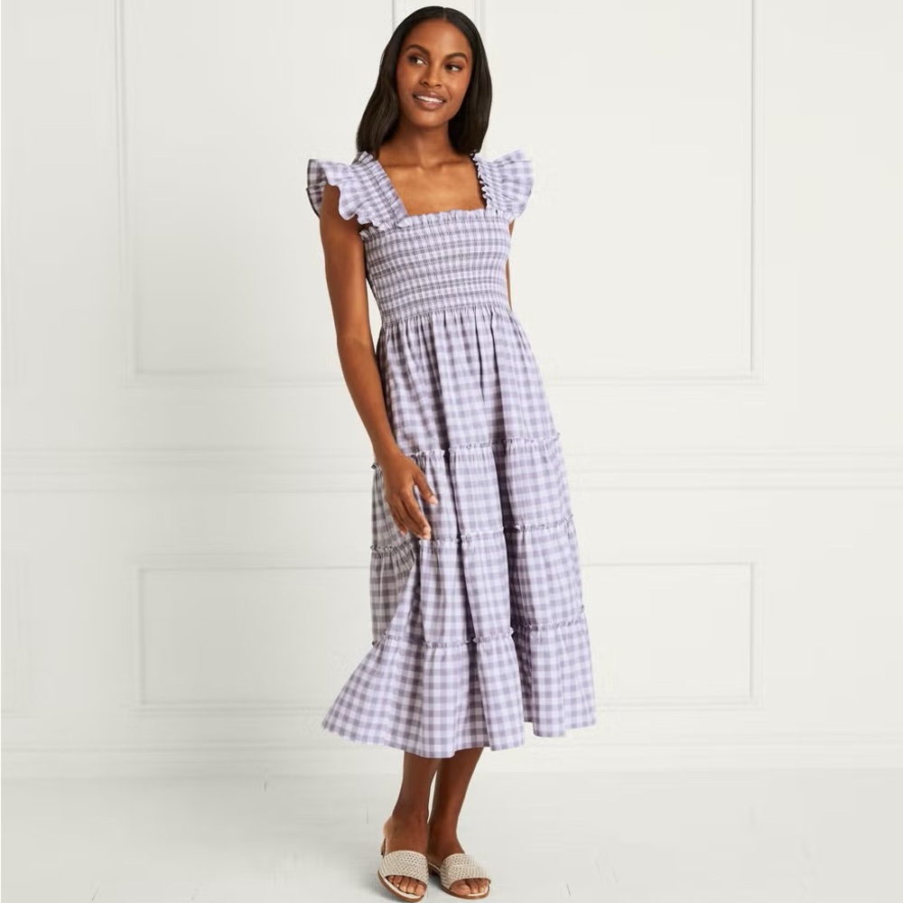 Hill House Ellie Gingham Lavendar Ruffle Sleeve Midi Nap Dress
